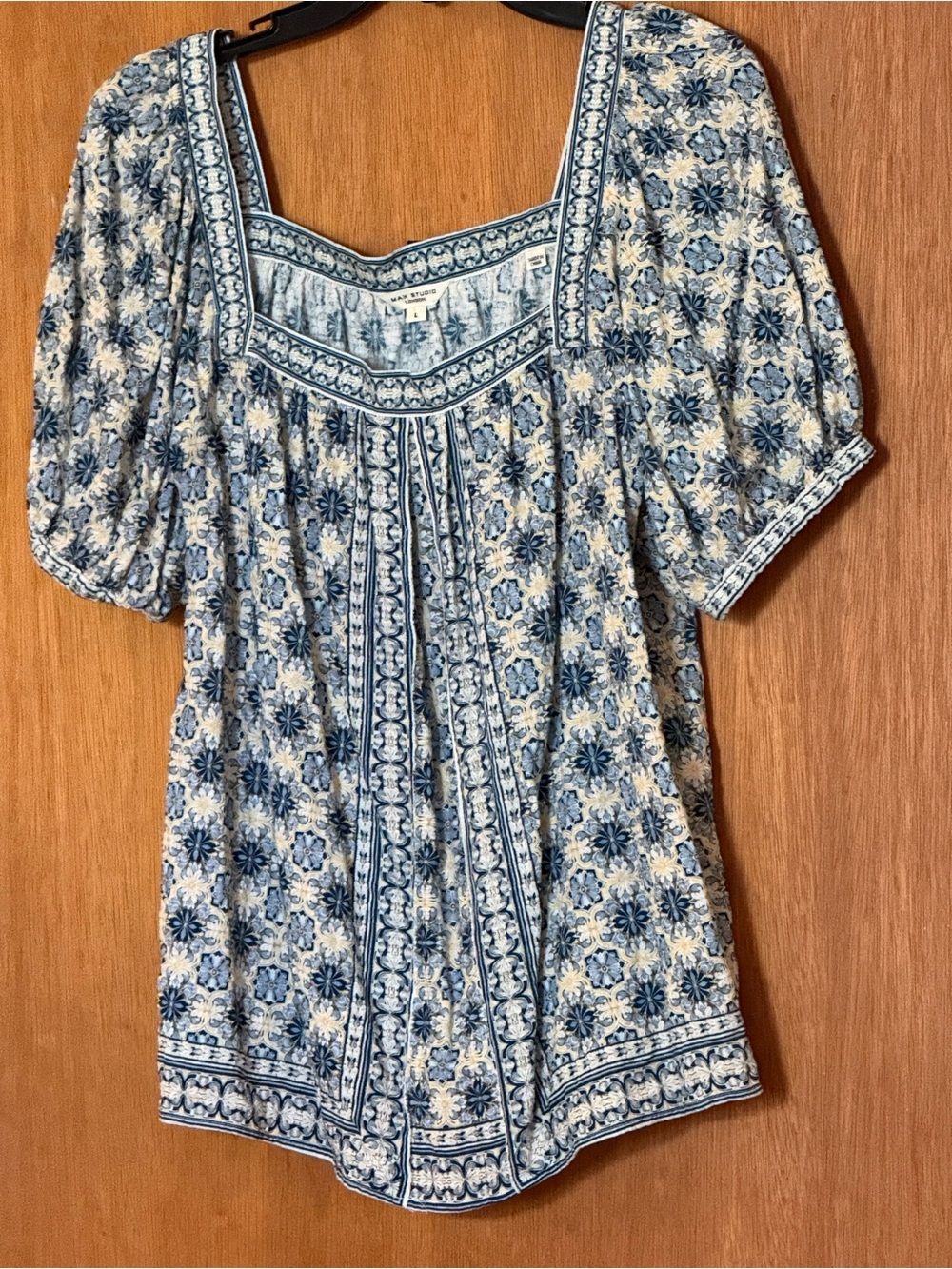 Max Studio Blue and Cream Floral Square-Neck Tunic
